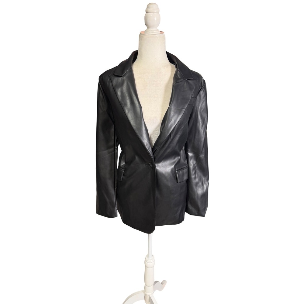 San Souci Black Faux Leather Blazer Single Button Y2K Style Longline Jacket